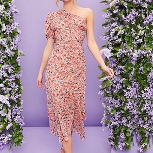 SHEIN One Shoulder Ruched Ruffle Hem Floral Dress